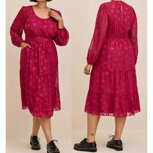 Torrid Clip Dot Star Chiffon Balloon Sleeve Midi Dress Burgundy Size 0| Large